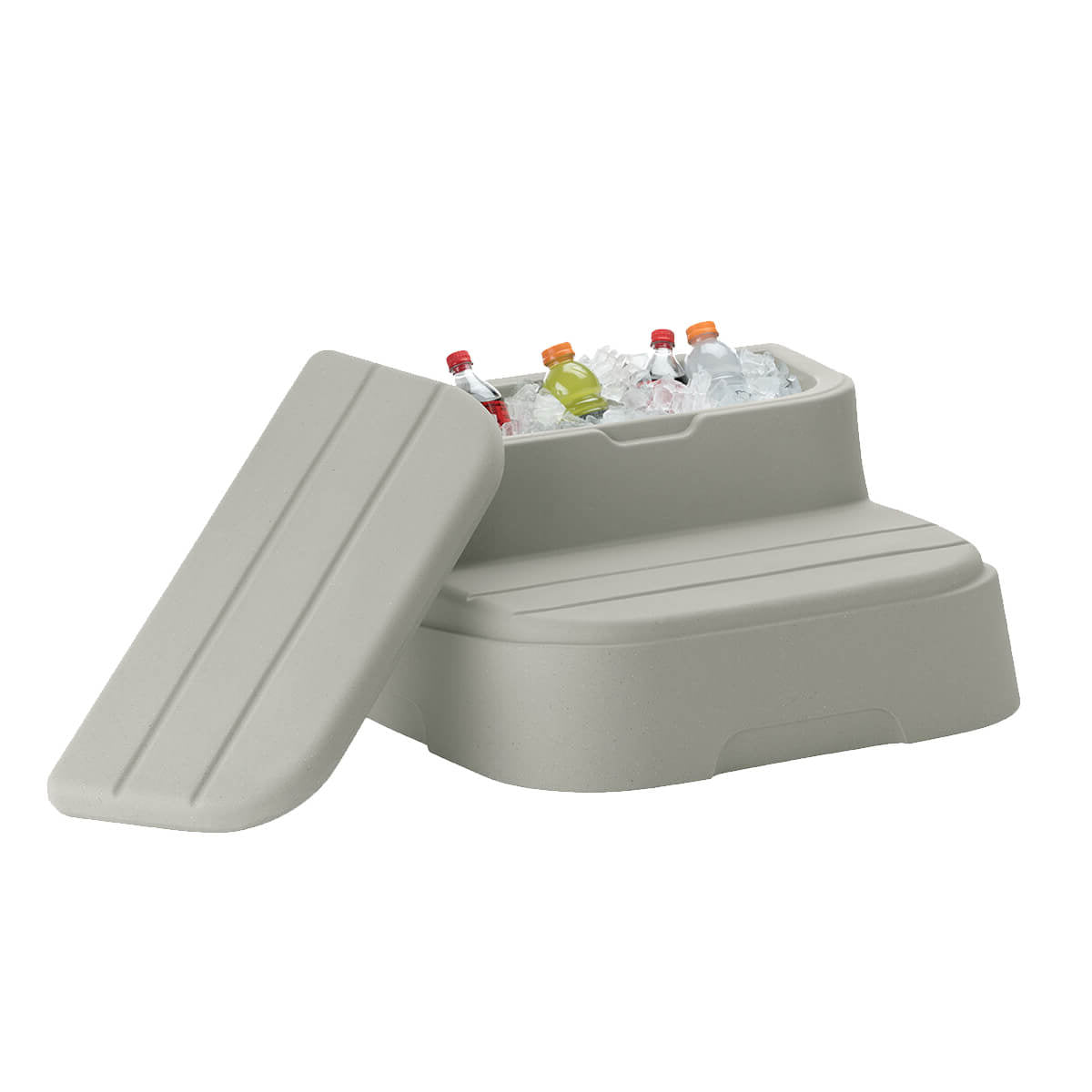 Outdoor hot tub and spa step that has a cooler compartment in the top step, with drinks on a white background