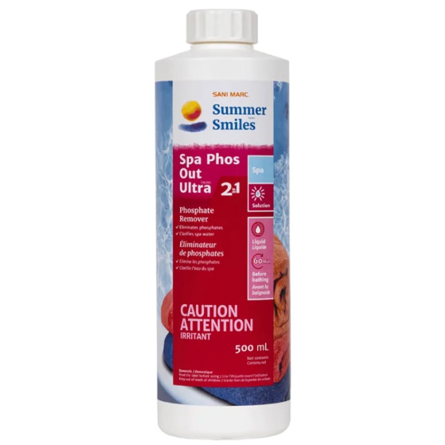 A 500 mL white plastic bottle of Sani Marc Summer Smiles Spa Phos Out Ultra 21 phosphate remover, featuring a white cap and a label with blue, red, and white graphics.