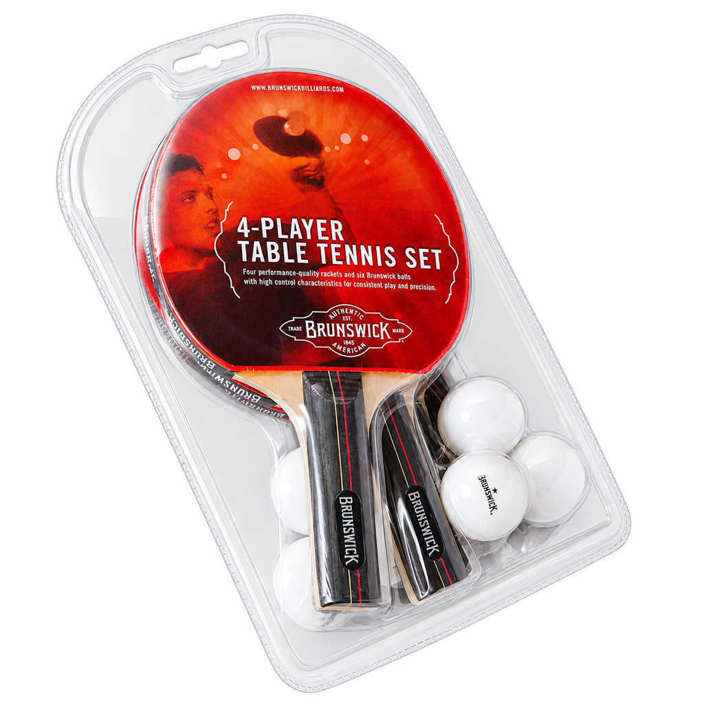 Brunswick 4-player table tennis set in clear plastic blister packaging, featuring four paddle handles, four white balls, and a red circular insert card.