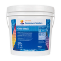 A white plastic bucket of Sani Marc Summer Smiles Chlor Ultra stabilized chlorinating granules, featuring a blue label with water graphics and product details.