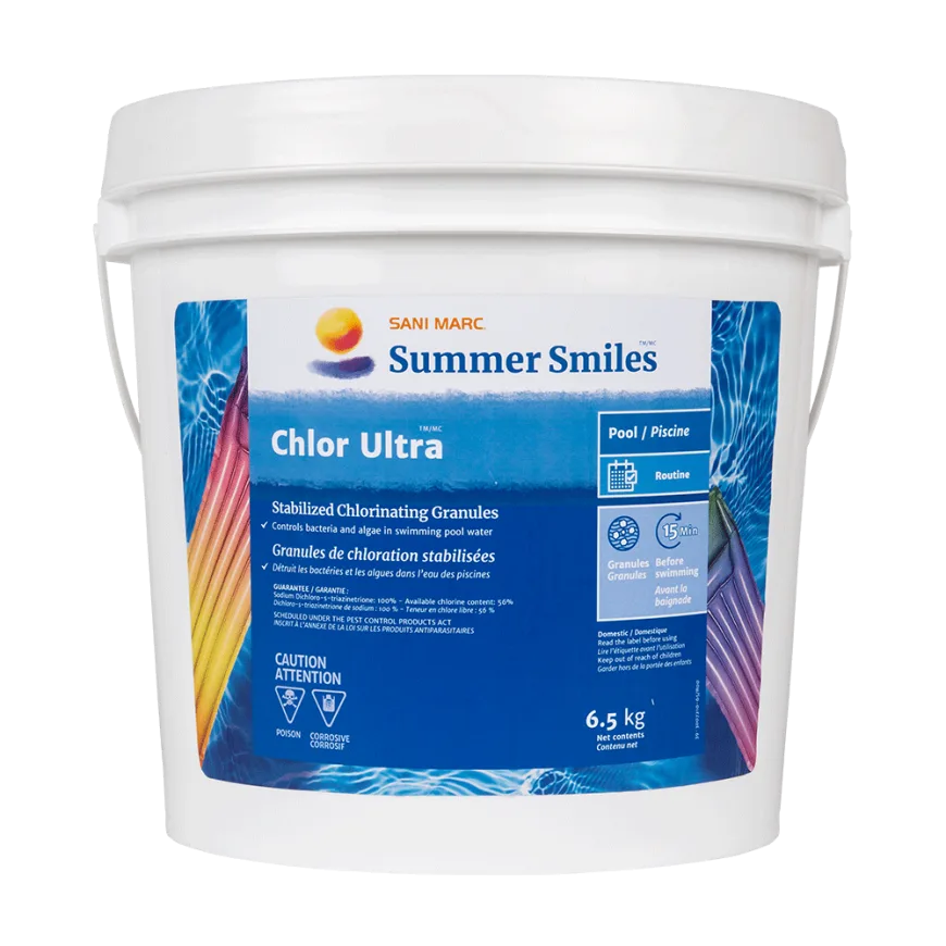 A white plastic bucket of Sani Marc Summer Smiles Chlor Ultra stabilized chlorinating granules, featuring a blue label with water graphics and product details.