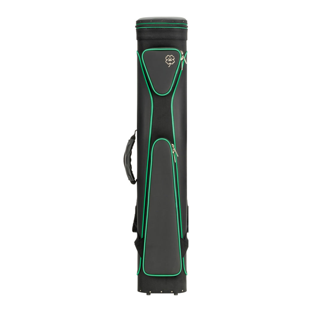 A black hard-shell pool Cue bag with bright green piping and a small white McDermott Cue logo on the front