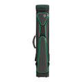 A black hard-shell pool Cue bag with bright green piping and a small white McDermott Cue logo on the front