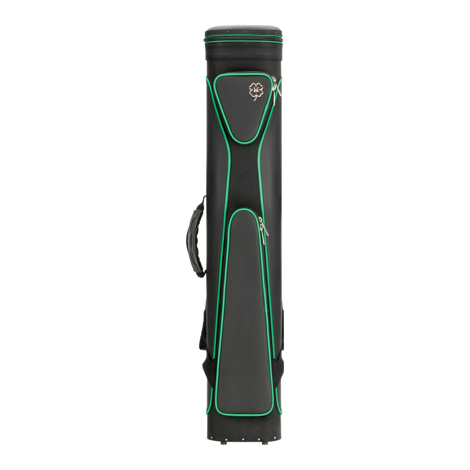 A black hard-shell pool Cue bag with bright green piping and a small white McDermott Cue logo on the front