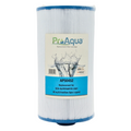 A cylindrical replacement filter cartridge with a white pleated body, blue top and bottom rims, and a large front label reading ProAqua AP50452.