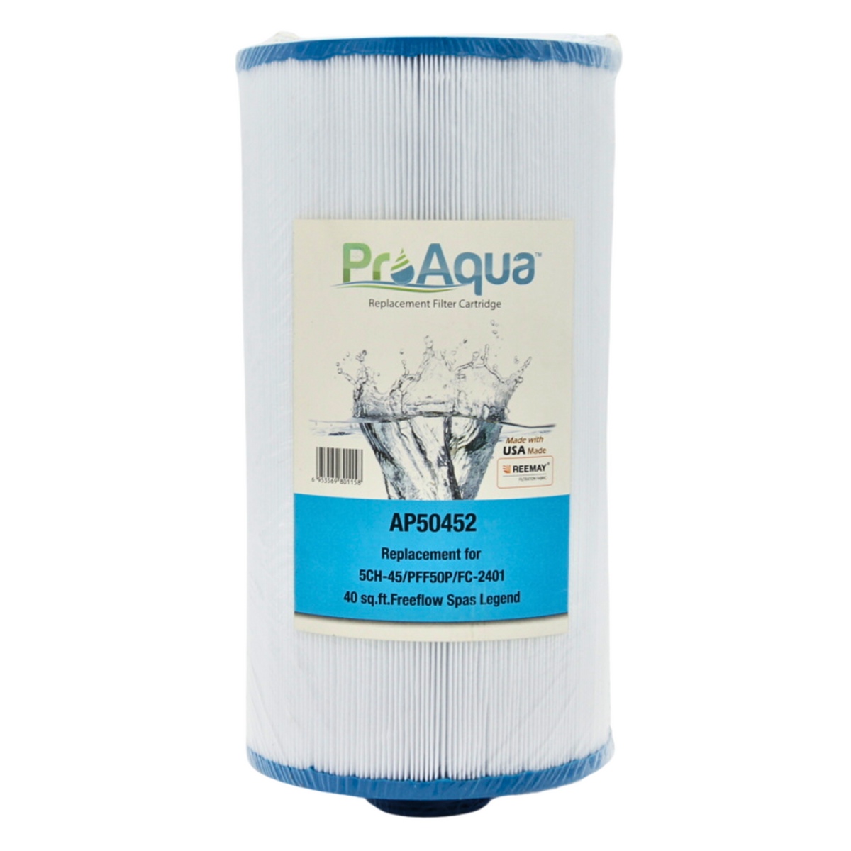 A cylindrical replacement filter cartridge with a white pleated body, blue top and bottom rims, and a large front label reading ProAqua AP50452.
