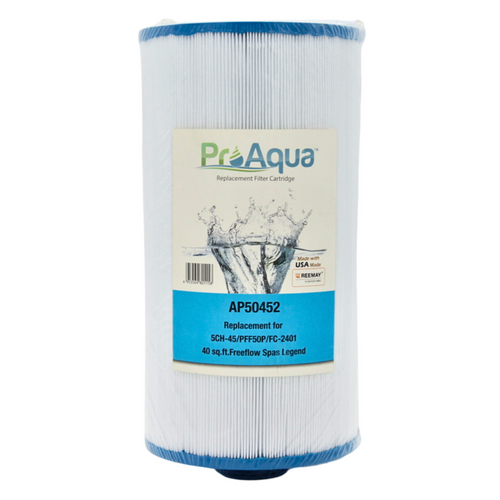 A cylindrical replacement filter cartridge with a white pleated body, blue top and bottom rims, and a large front label reading ProAqua AP50452.