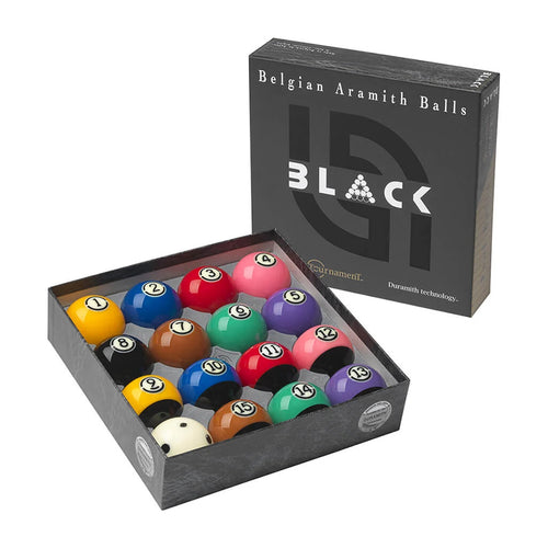 A boxed set of Belgian Aramith balls for billiards, shown with the open tray of colorful numbered balls in front of the retail box on a white background.
