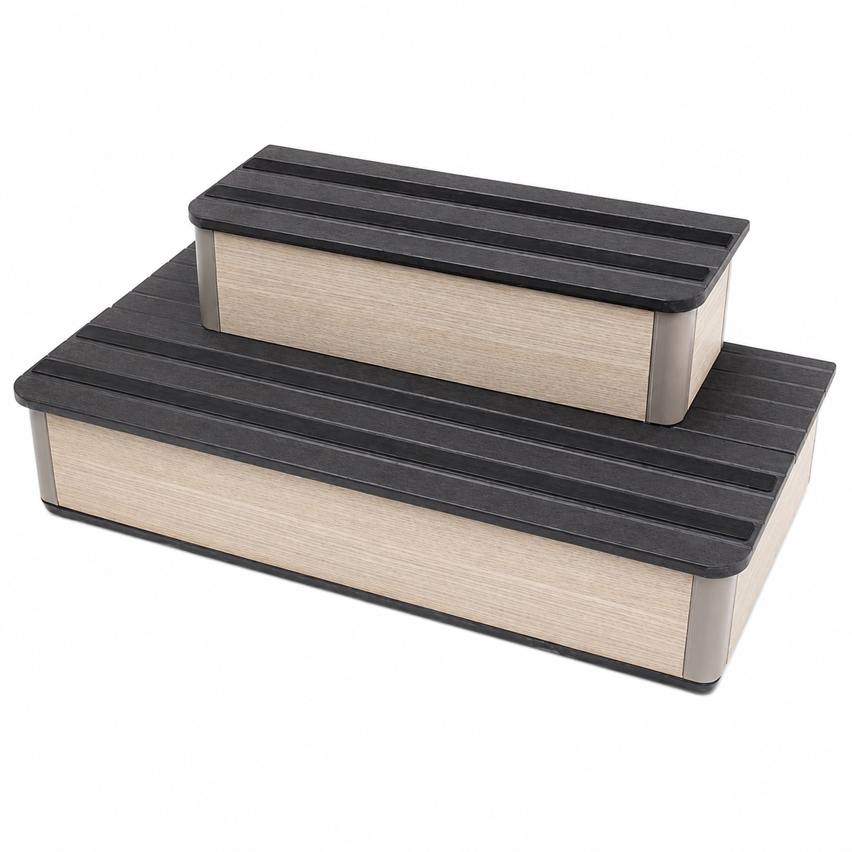 Two-step rectangular steps with black ribbed tops and light wood-grain sides, shown on a plain white background.
