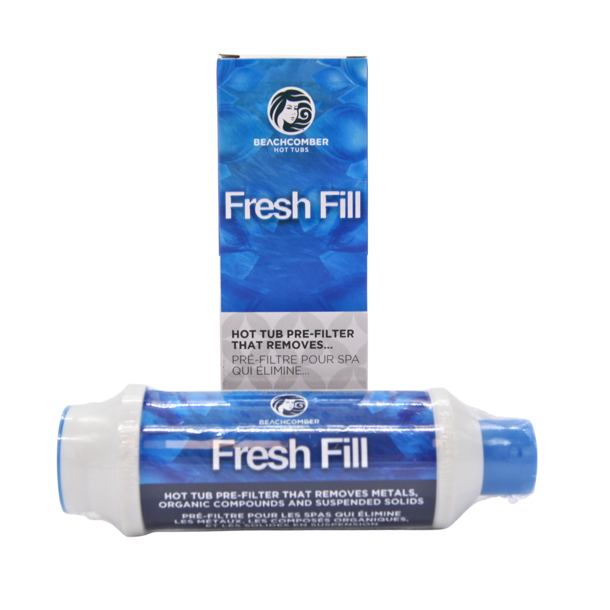 Beachcomber Fresh Fill hot tub pre-filter cartridge shown both inside its blue retail box and as the white-and-blue tube itself, on a plain white background.