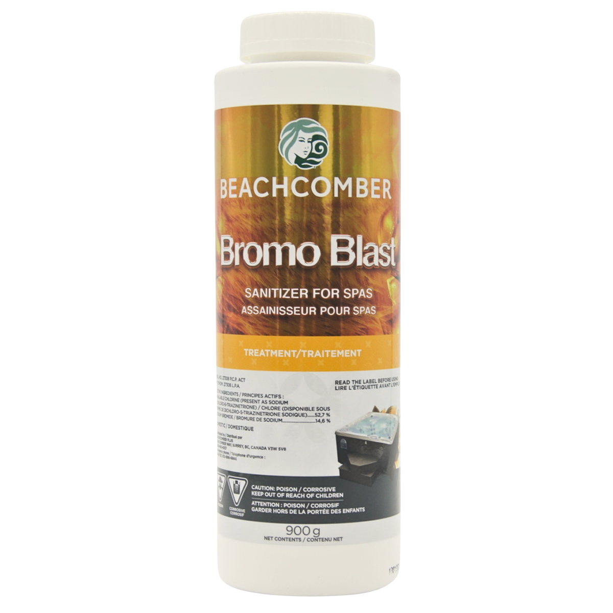 A 900g bottle of Beachcomber Bromo Blast Sanitizer for Spas, featuring a white plastic bottle with a gold and orange label, set against a plain white background.