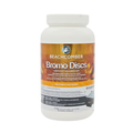 A white plastic bottle of Beachcomber Bromo Discs sanitizer tablets for spas, featuring a white cap and a label with orange, brown, and white graphics.