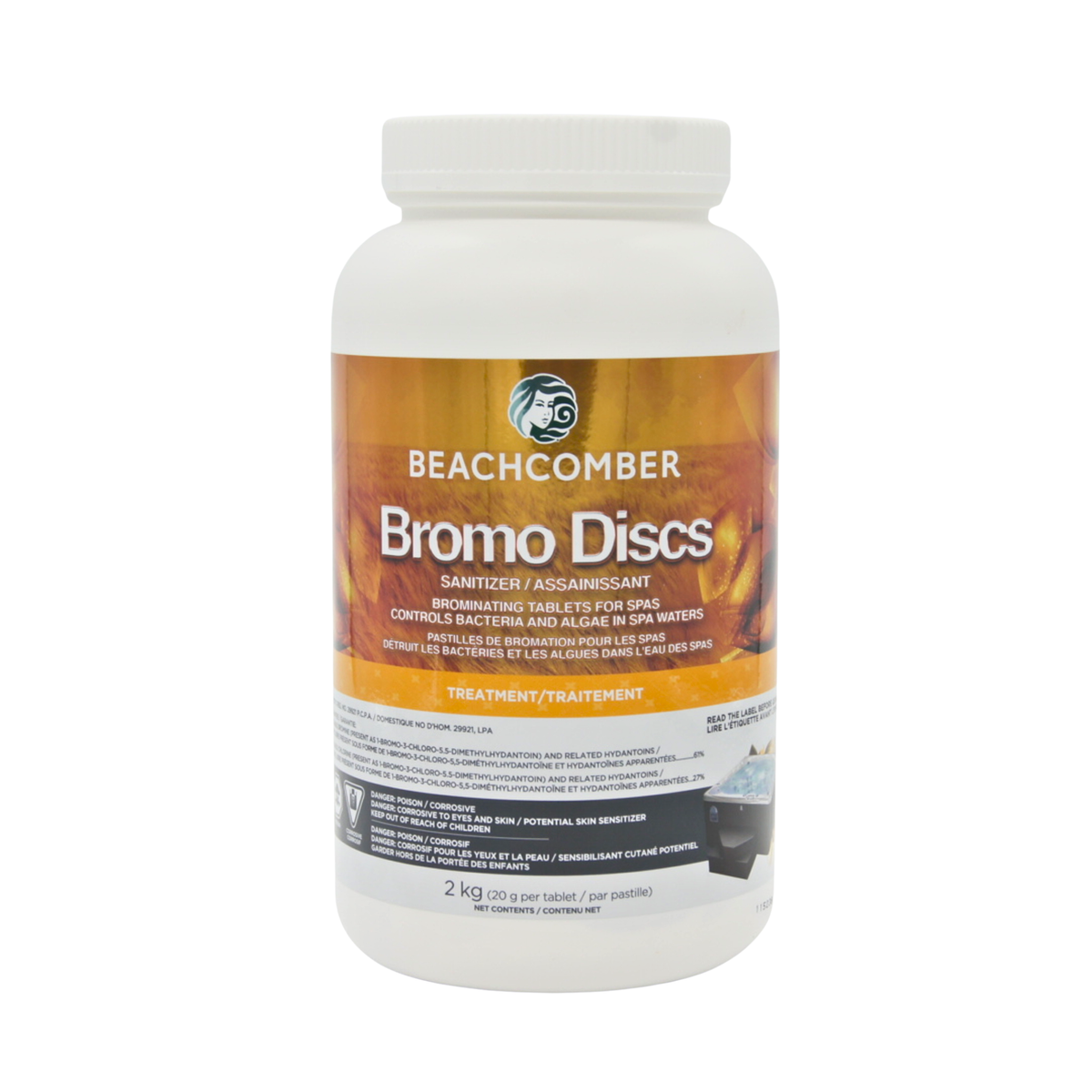 A white plastic bottle of Beachcomber Bromo Discs sanitizer tablets for spas, featuring a white cap and a label with orange, brown, and white graphics.