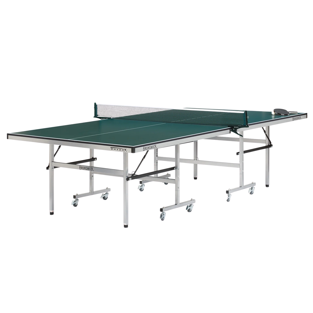 Brunswick Smash 3.0 ping pong table with a dark green top, white boundary lines, silver folding frame, wheels and net.