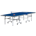 Brunswick Smash 5.0 ping pong table with a blue top, white lines, silver folding frame, caster wheels and net