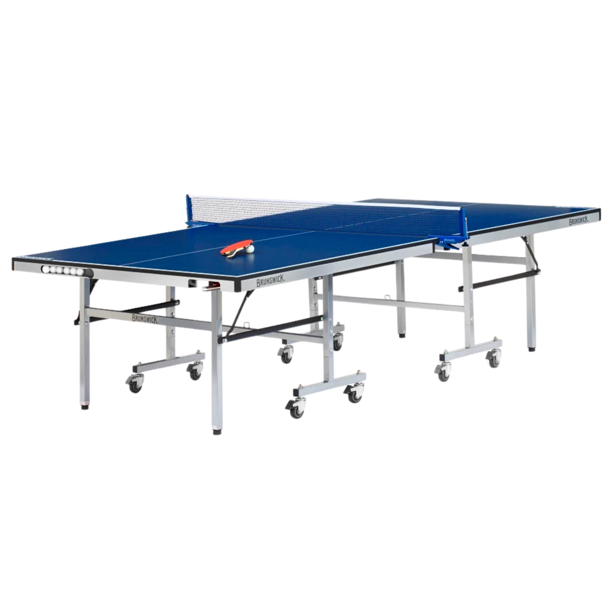 Brunswick Smash 5.0 ping pong table with a blue top, white lines, silver folding frame, caster wheels and net