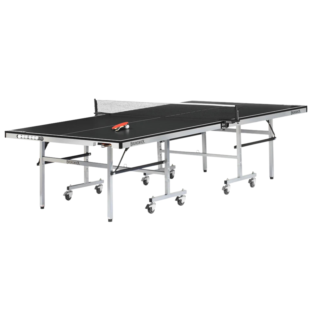 Brunswick Smash 7.0 ping pong table with a black top, white lines, silver folding frame, caster wheels and net.