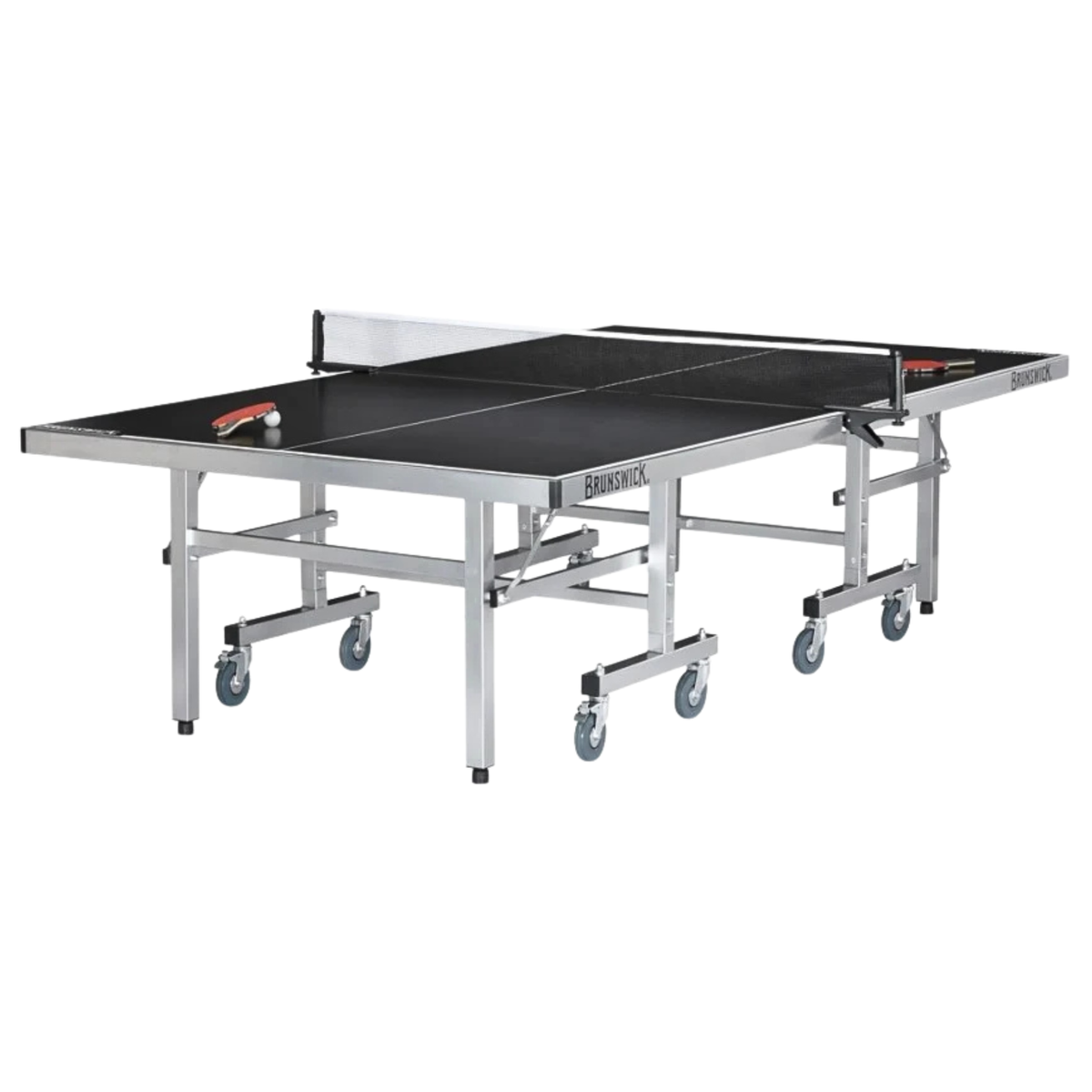 Brunswick Smash 7.0 indoor/outdoor ping pong table with a black top, silver folding frame, large caster wheels and net.