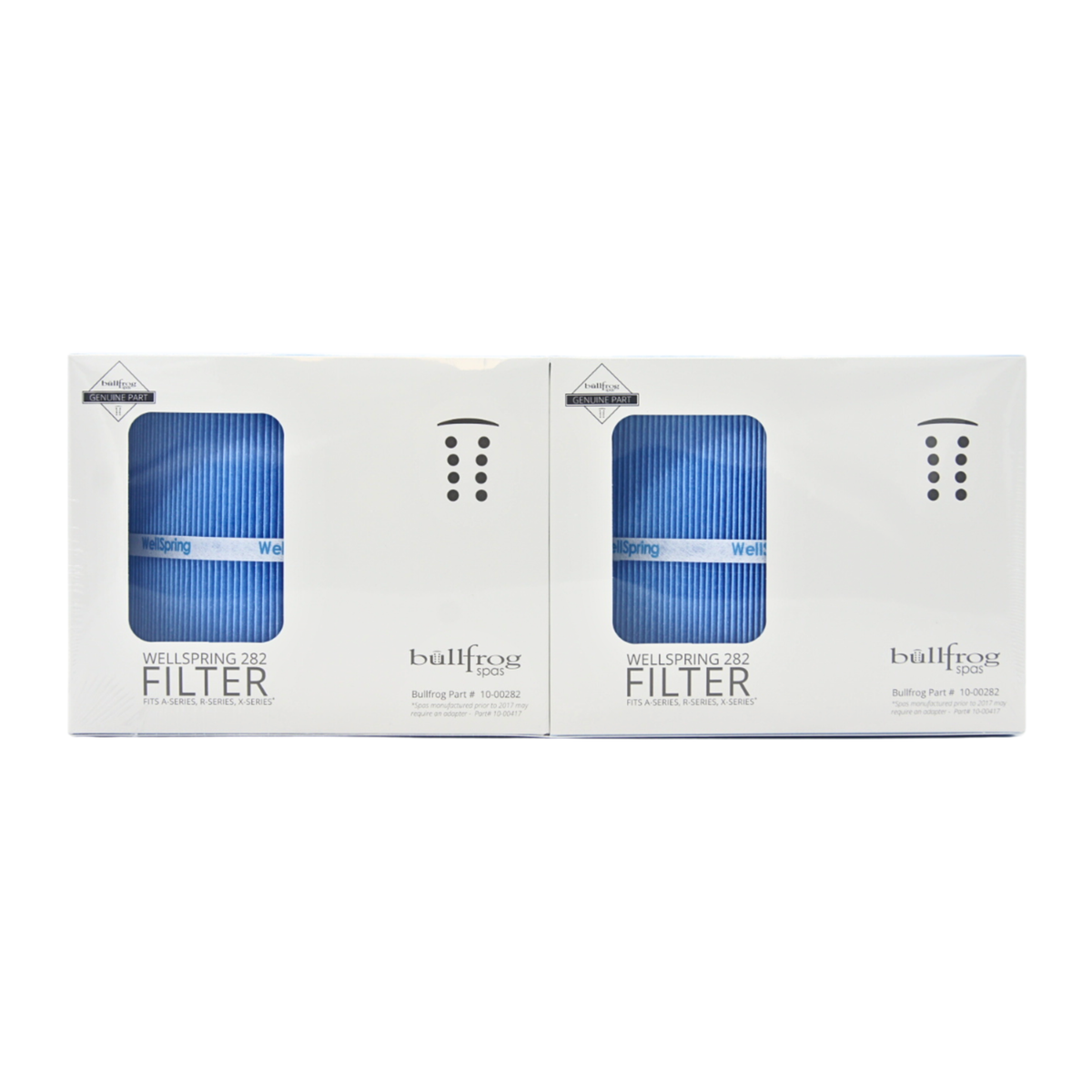 Two white retail boxes for Bullfrog Spas Filter 2 pack, each showing a blue striped filter through a window on the front, set against a plain white background.