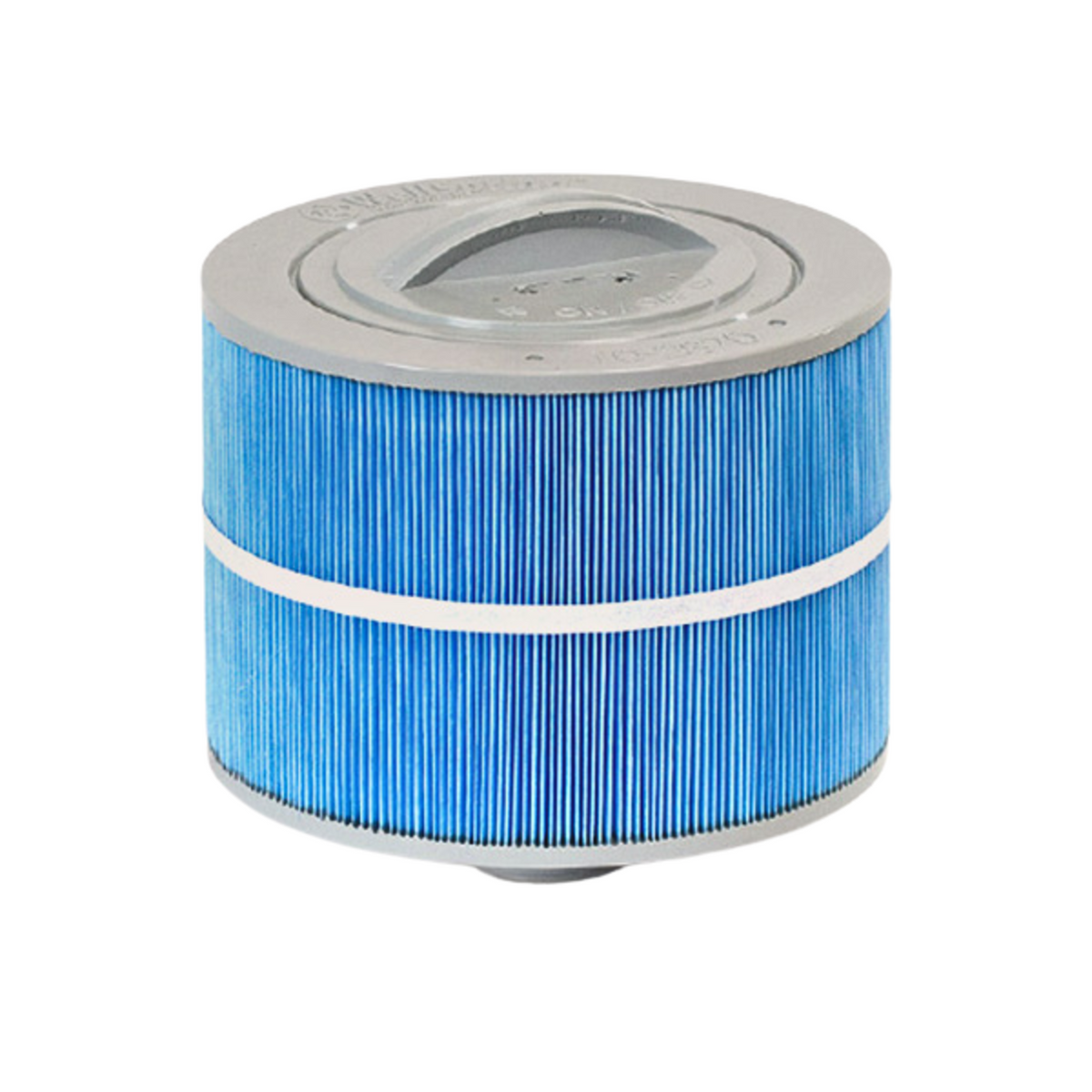 Cylindrical blue pleated spa filter with grey top and bottom caps, a recessed top handle and a white band around the middle