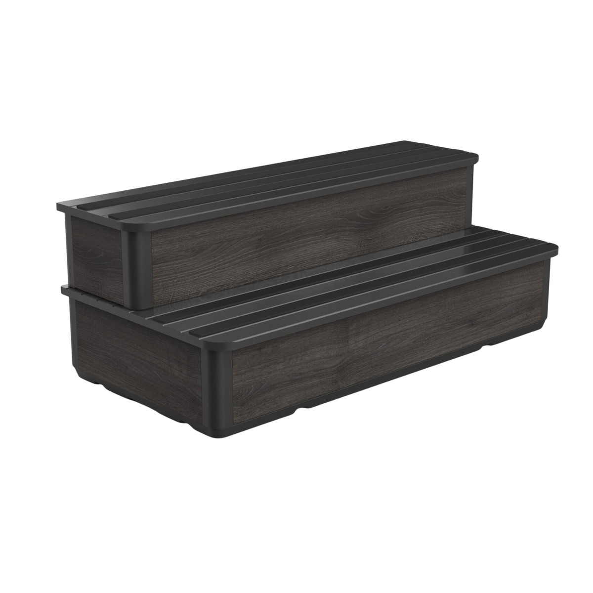 Two wide hot tub steps with charcoal woodgrain-style panels, dark trim and dark grip strips, viewed at an angle