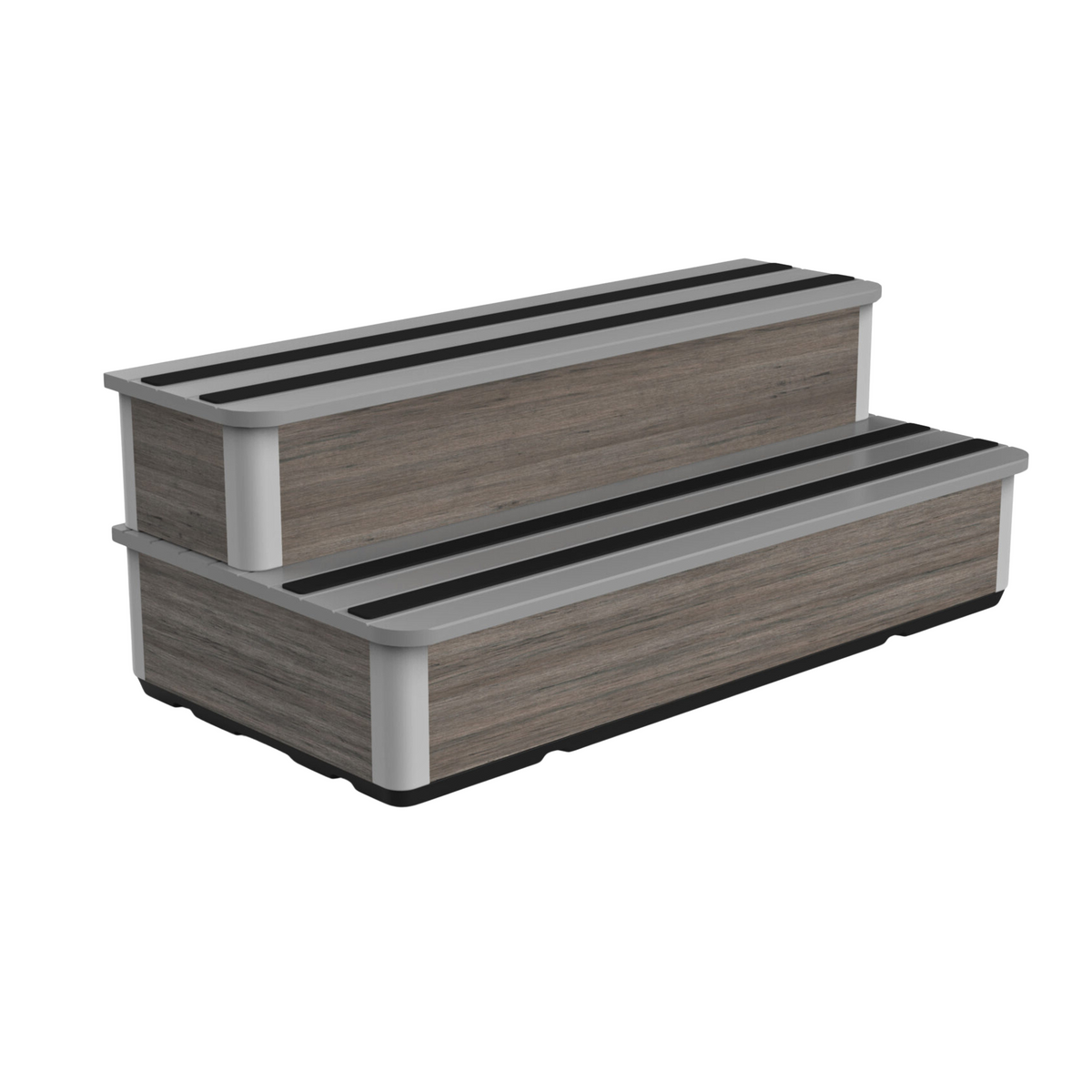 Two wide hot tub steps with grey woodgrain-style panels, light grey trim and black grip strips, viewed at an angle