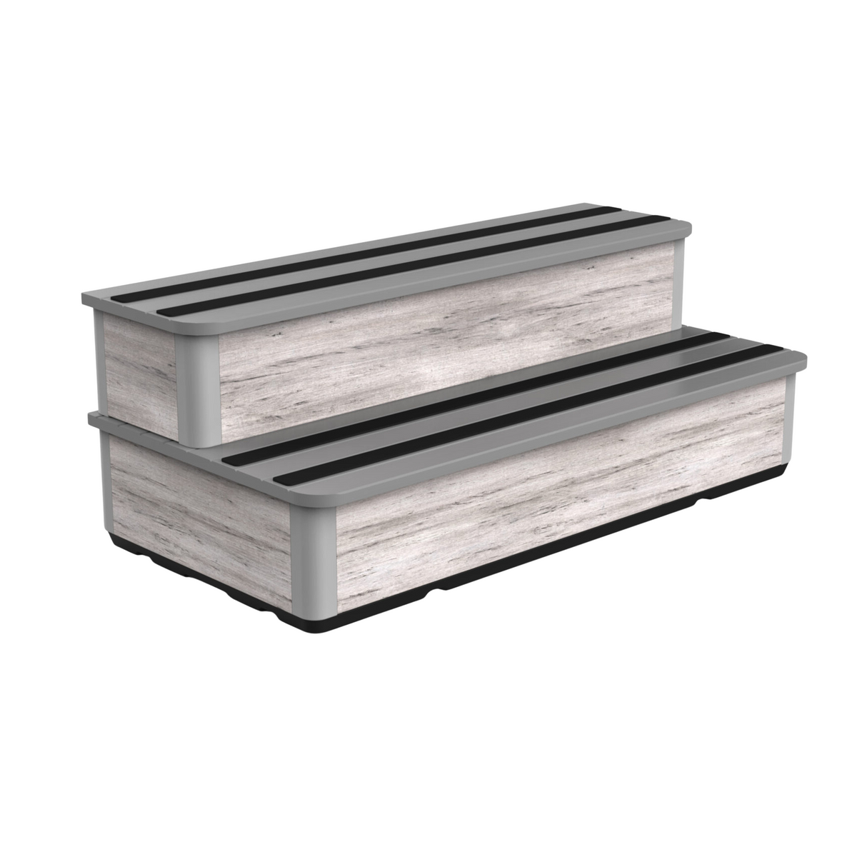 Two wide hot tub steps with pale whitewashed woodgrain-style panels, grey trim and black grip strips, viewed at an angle