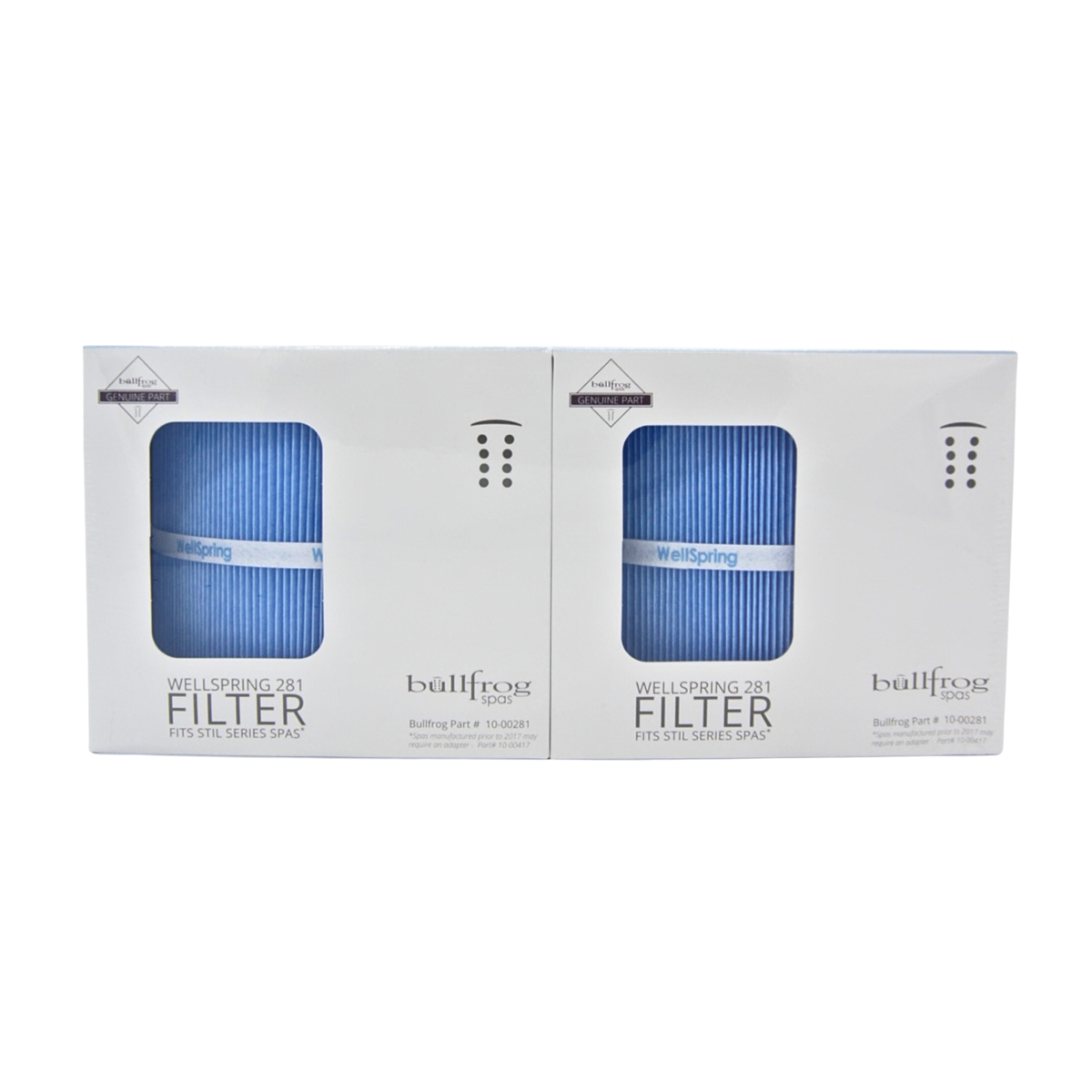 Bullfrog Spas STIL coreless filters 2-pack showing two blue pleated cartridges in white retail boxes