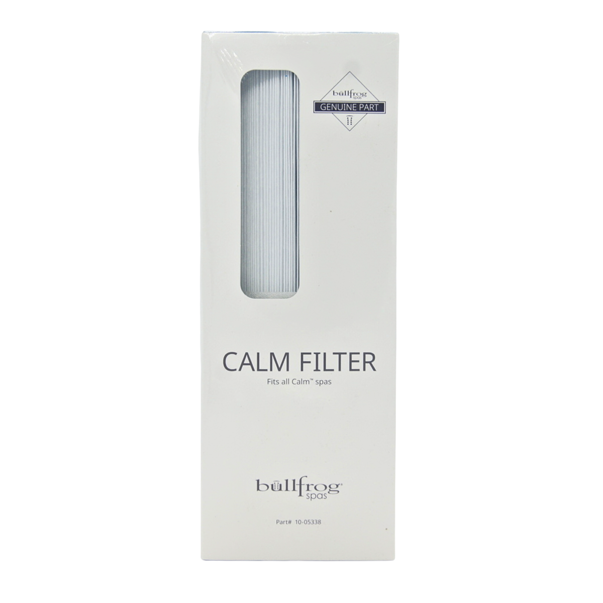 Bullfrog Spas Calm 50 sq ft cartridge filter in a white retail box with the pleated filter visible through the window