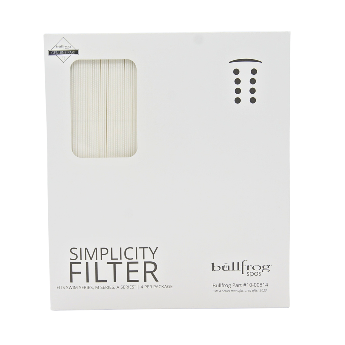 Bullfrog Simplicity Filter replacement filters in its original white packaging box, featuring a clear window showing the pleated filter material.