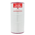 A cylindrical replacement filter cartridge with a white pleated body and a red label on the front reading 'REPLACEMENT FILTER CARTRIDGE'  on a white background.