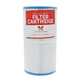CalderaSpas replacement filter cartridge with a white pleated body, blue end caps, and a red and white paper label.