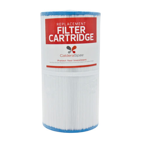 CalderaSpas replacement filter cartridge with a white pleated body, blue end caps, and a red and white paper label.