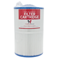 A cylindrical replacement filter cartridge with a white pleated body, blue plastic end caps, and a red and white label reading 'Replacement Filter Cartridge' with the brand name CalderaSpas.