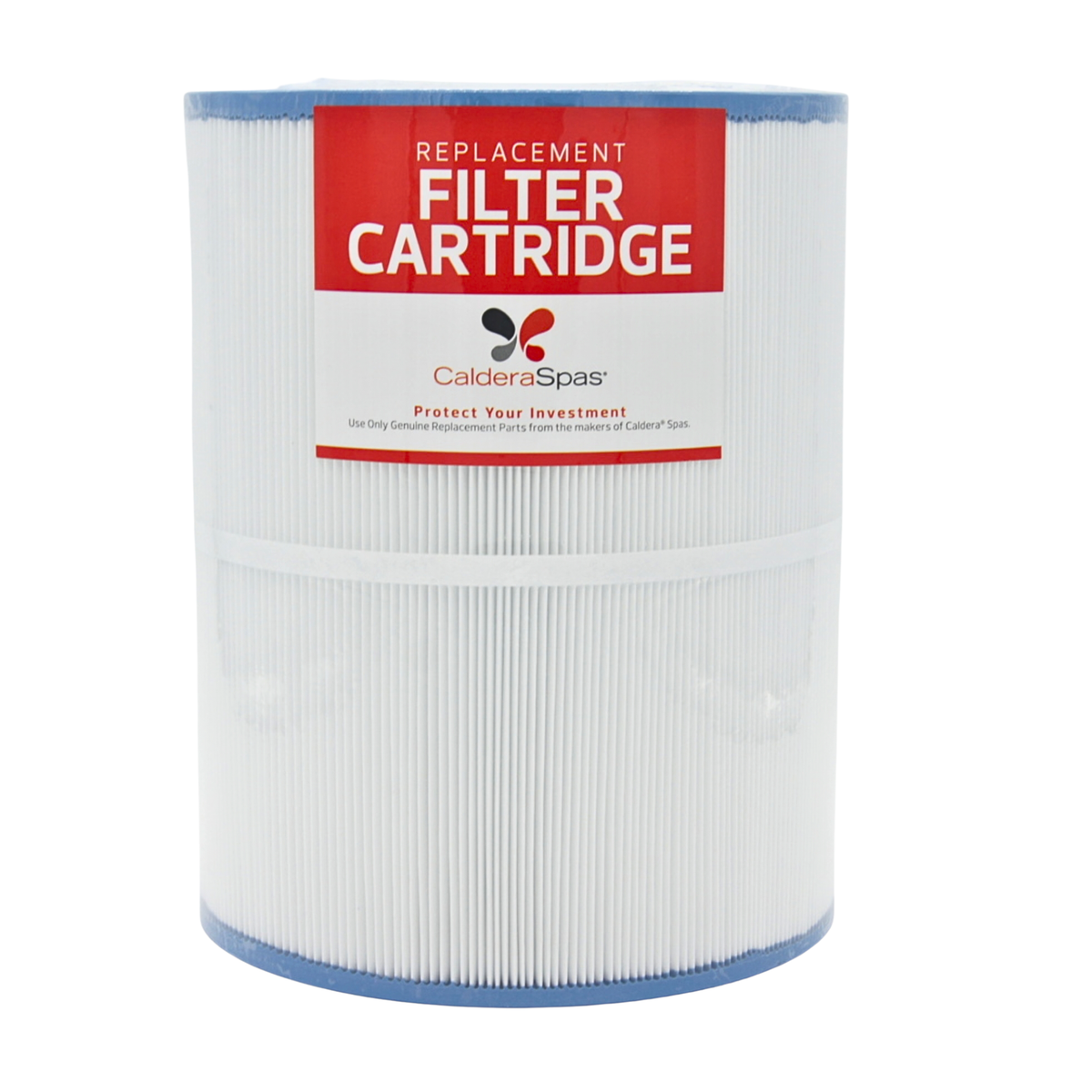 A cylindrical replacement filter cartridge with white pleated paper and blue plastic ends, featuring a red and white label for CaldaraSpas.