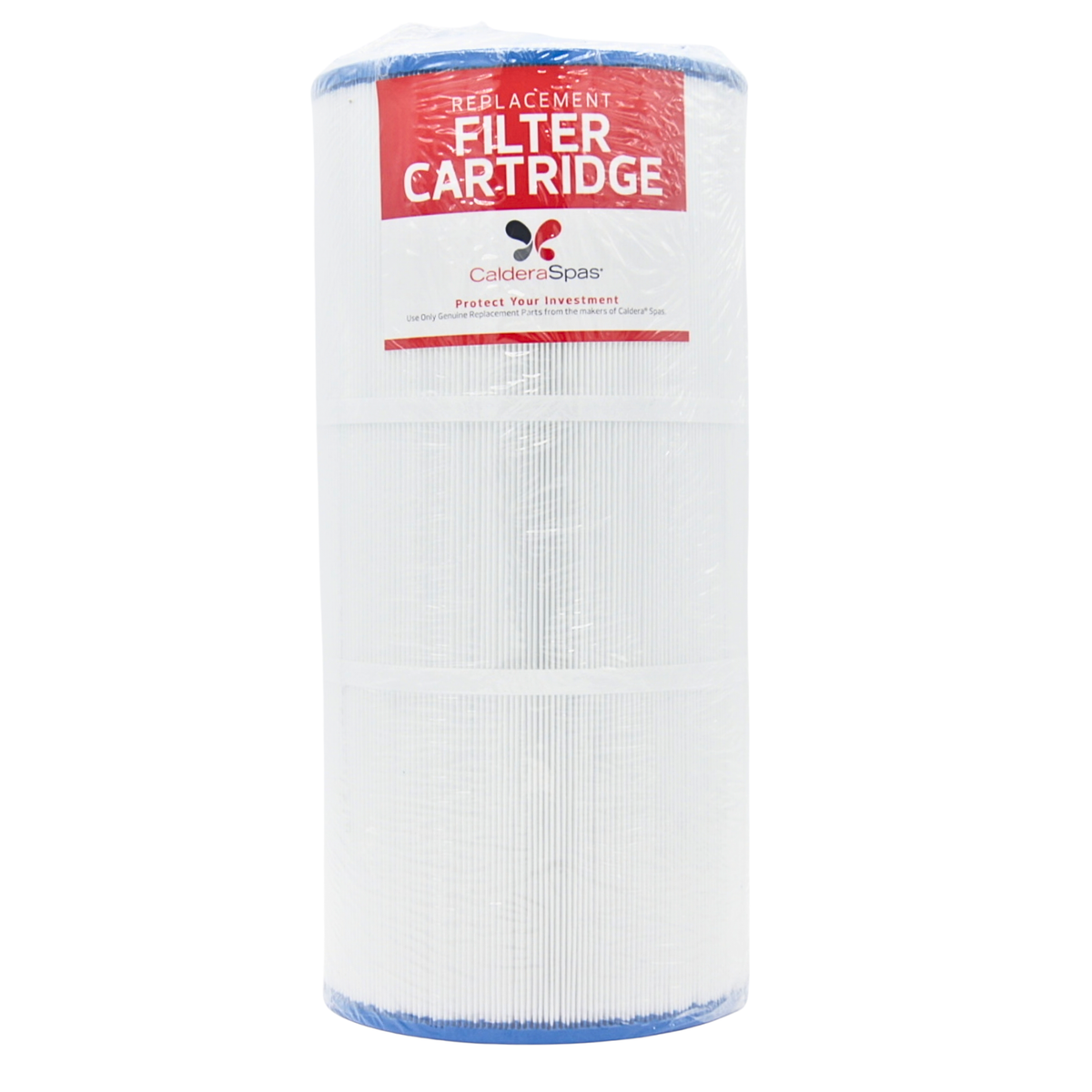A single replacement filter cartridge in a tall cylindrical shape, wrapped in clear plastic with a red and white label that reads 'Replacement Filter Cartridge' and shows the CalderaSpa brand.