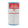 A single replacement filter cartridge for a spa system, featuring a white pleated body with blue edges on both ends and a red-and-white paper label that reads 'Replacement Filter Cartridge' and shows the CalderaSpas brand.