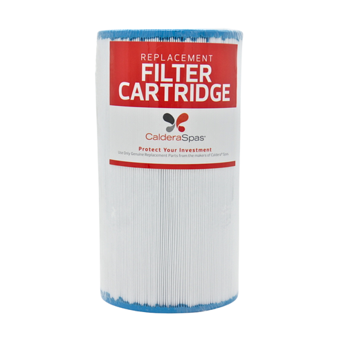 A single replacement filter cartridge for a spa system, featuring a white pleated body with blue edges on both ends and a red-and-white paper label that reads 'Replacement Filter Cartridge' and shows the CalderaSpas brand.