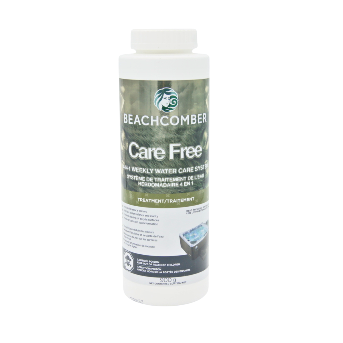 A 900g bottle of Beachcomber Care Free 4-in-1 weekly water care system treatment, featuring a white cap and a green and white label with the Beachcomber logo.