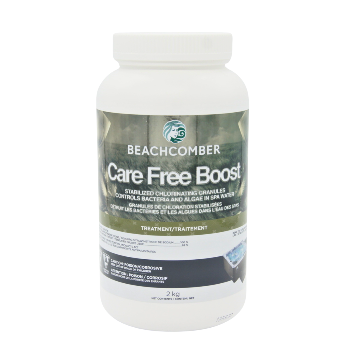 A white plastic bottle of Beachcomber Care Free Boost treatment with a green and black label, shown against a plain white background.