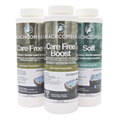 Three white plastic bottles of Beachcomber water care products arranged together on a white background, labeled Care Free, Care Free Boost, and Soft.