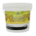 A white plastic bucket of Beachcomber Chlor Discs treatment, featuring a yellow and green label with product details, set against a plain white background.