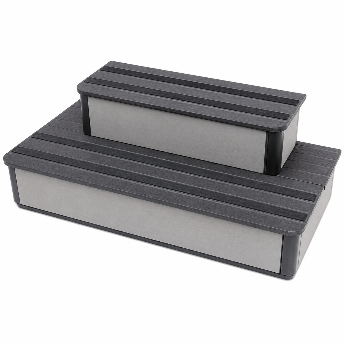 Two-step rectangular steps with black ribbed tops and light grey sides, shown on a plain white background.