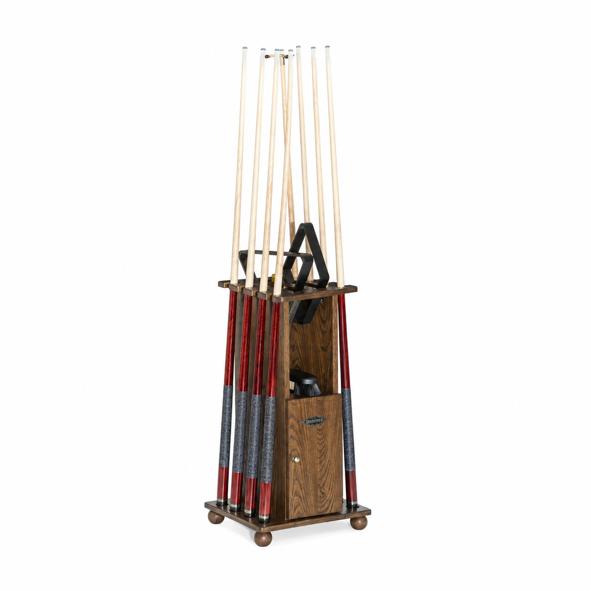 A medium "coffee" brown color Floor cue rack, shown holding 8 pool cues with a 8 ball and 9 ball rack. on a shelf below there is a pool table brush, all on a plain white background.
