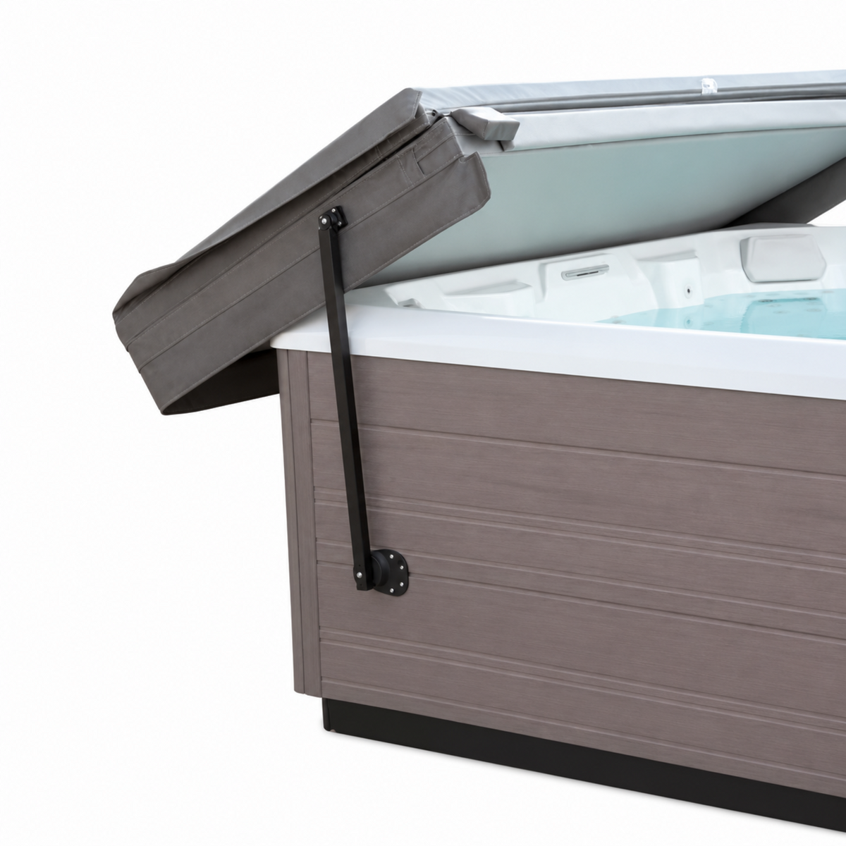 Black cover-lifter arm attached to a grey hot tub, supporting a partially raised folding cover