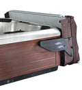 CoverMate Vanish XL hot tub cover lifter mounted on spa cabinet with cover in open position