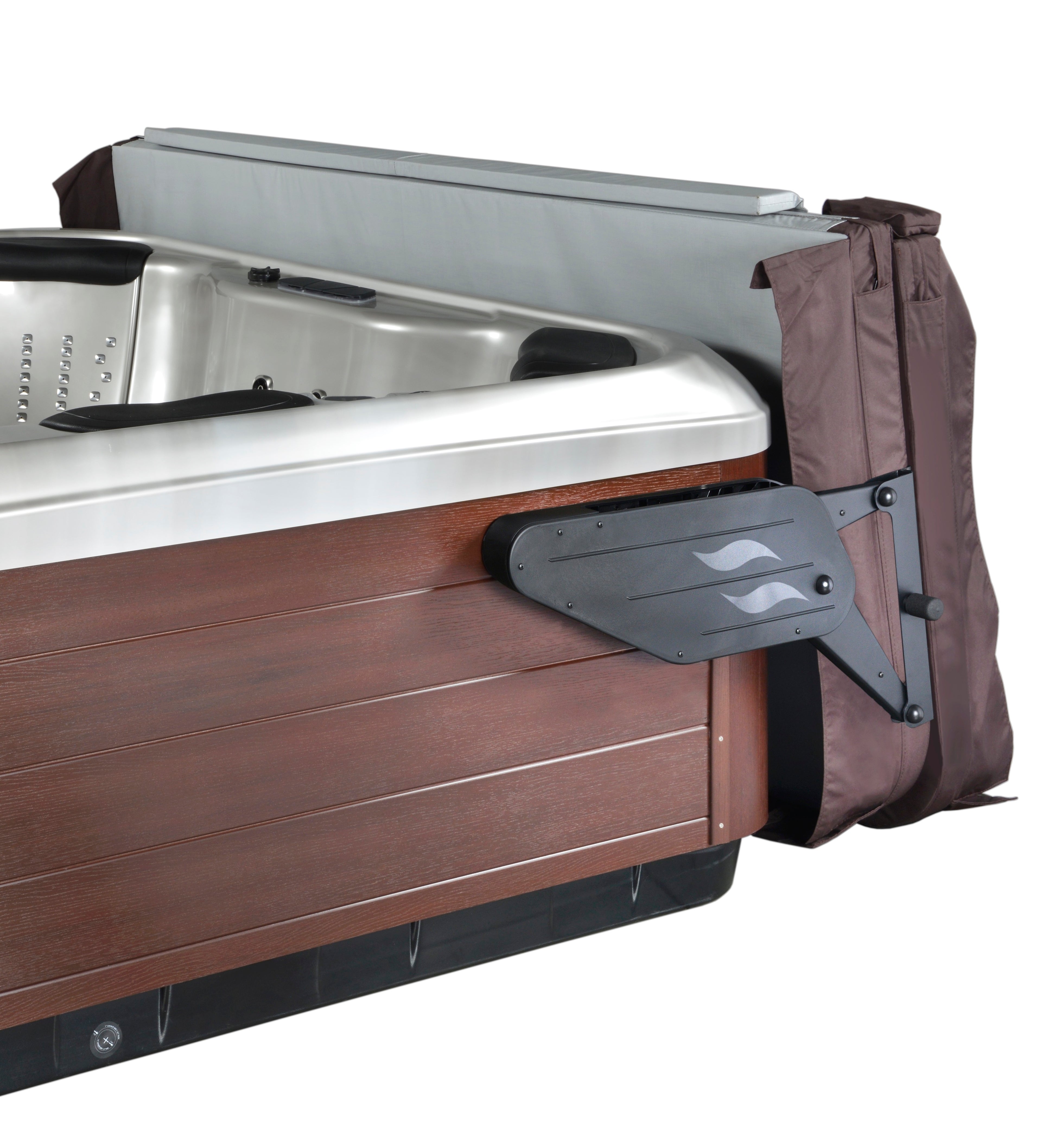 CoverMate Vanish XL hot tub cover lifter mounted on spa cabinet with cover in open position