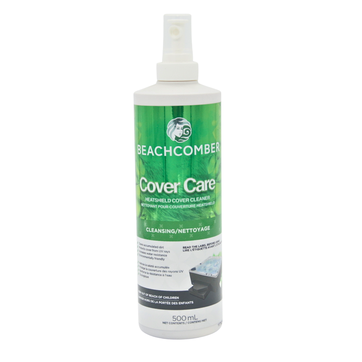 A 500 mL bottle of Beachcomber Cover Care cleaner, featuring a white spray top and a green and white label.