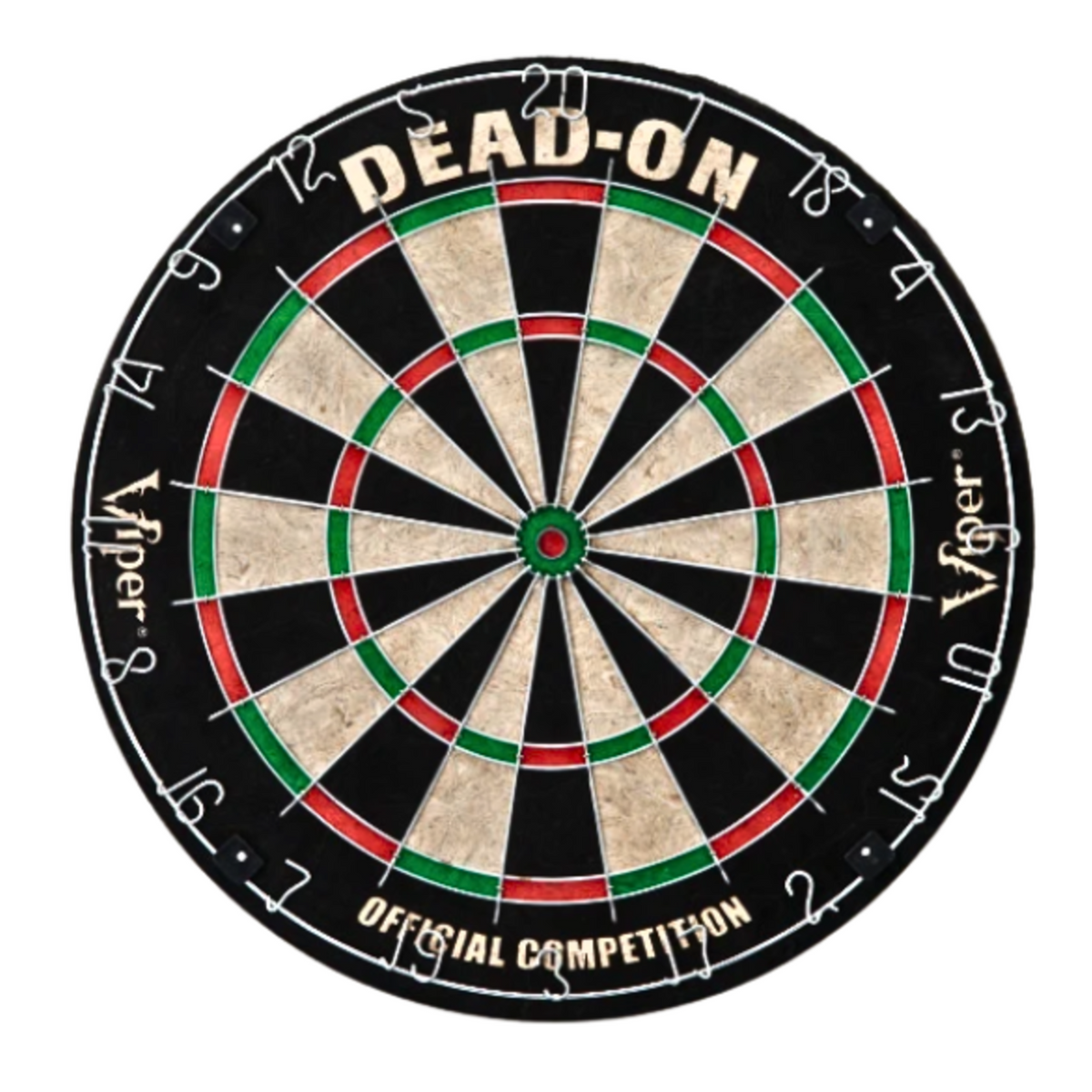 A circular dartboard with a black outer rim, beige scored sections, and red and green inner rings. The top of the board reads 'DEAD-ON' and the sides show 'Viper' branding.