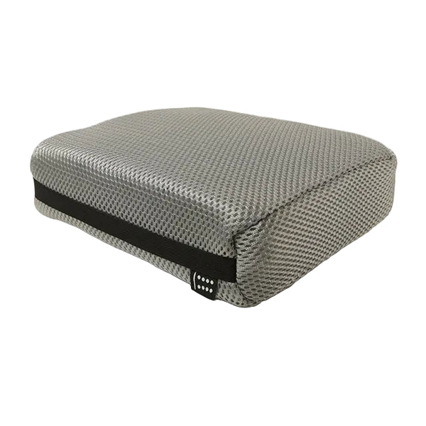 A square gray mesh cushion with a black elastic band and a small black label, photographed on a clean light gray background.